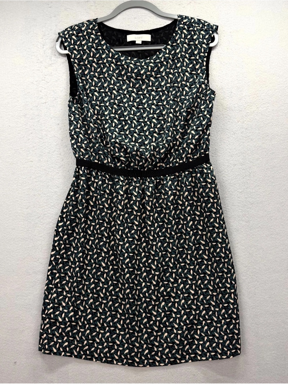 LOFT Black & Cream Cap-Sleeve Printed Sheath Dress with Waist Detail